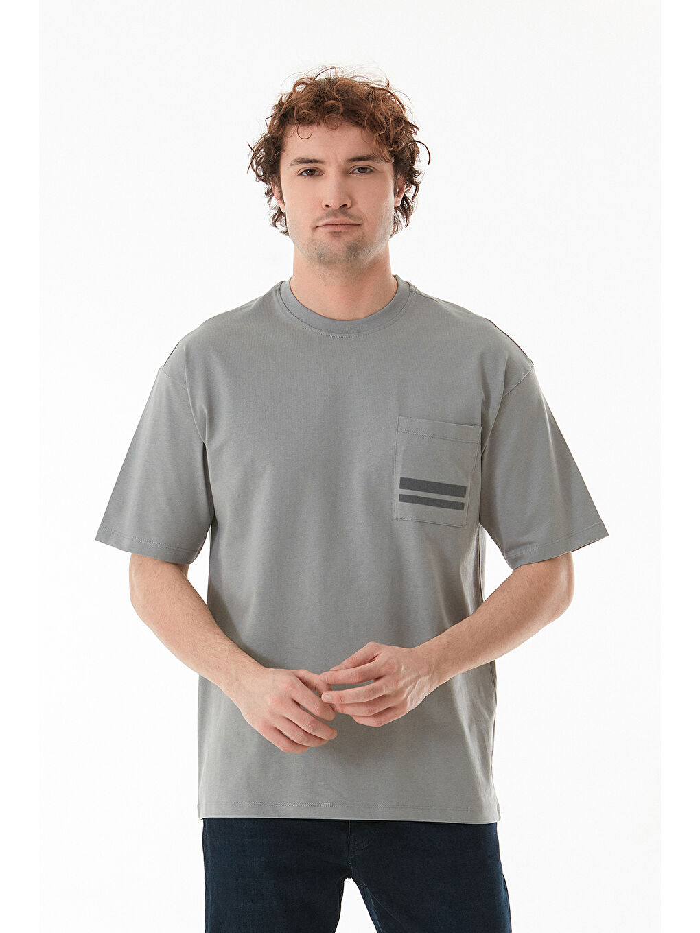 Gri Basic Tek Cepli Bisiklet Yaka Tişört