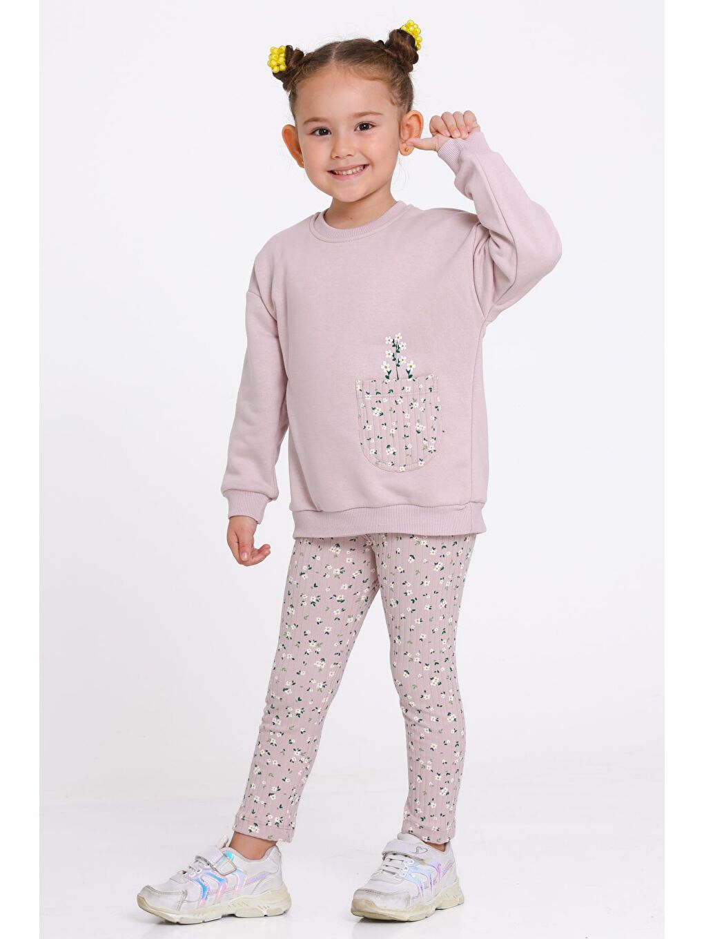 Pembe Kız Çocuk Gül Kurusu Çiçek Desenli 1-5 Yaş Takım - 23276-1-1