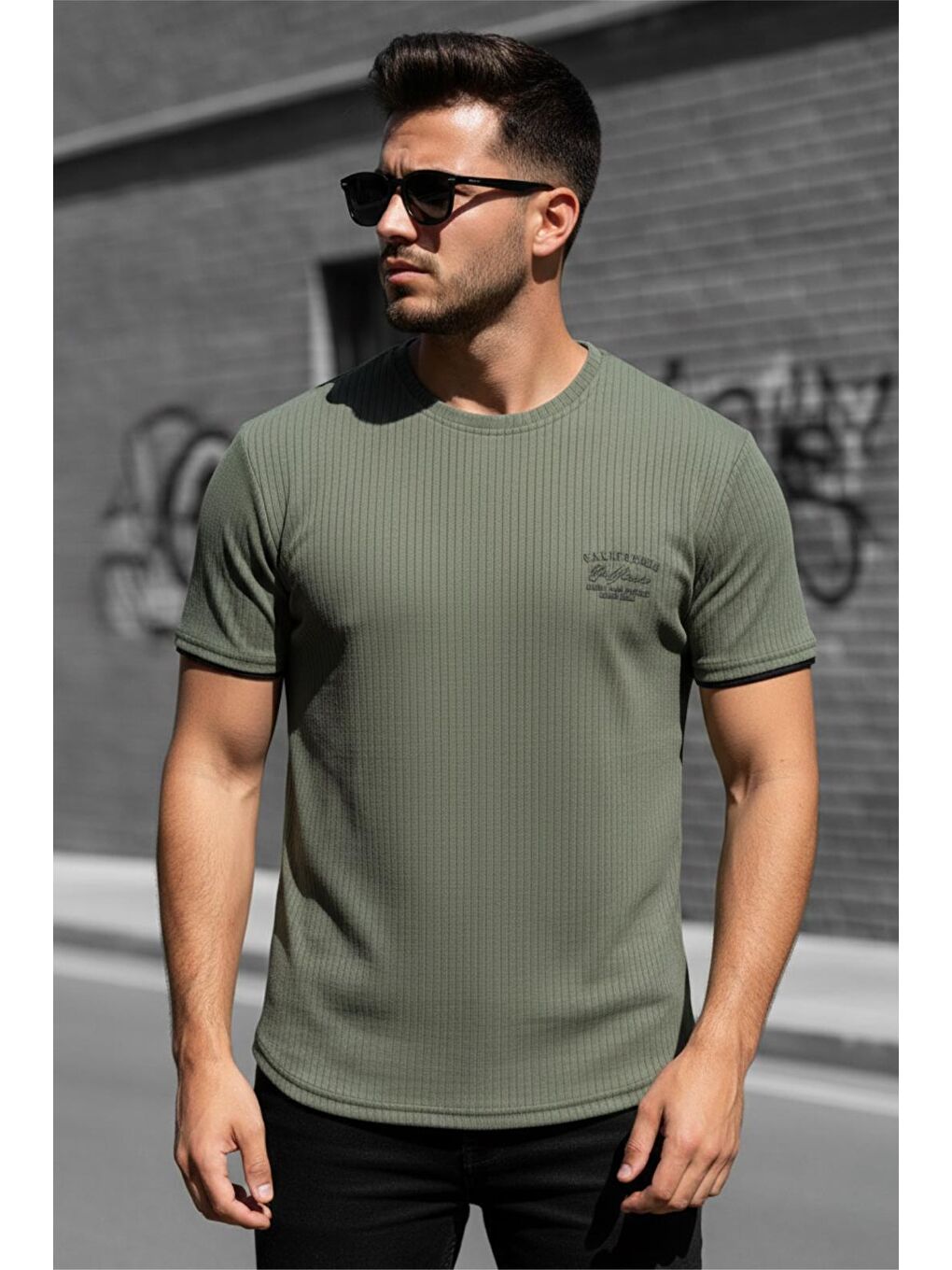 Haki Ftx California Flok Baskı Detaylı Premium Fitilli Kumaş Erkek T-Shirt-1