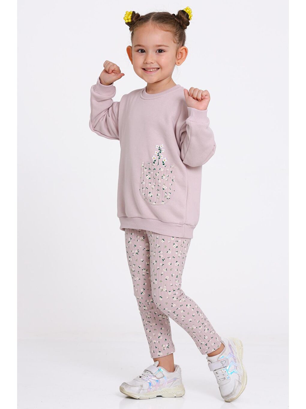 Pembe Kız Çocuk Gül Kurusu Çiçek Desenli 1-5 Yaş Takım - 23276-1-2