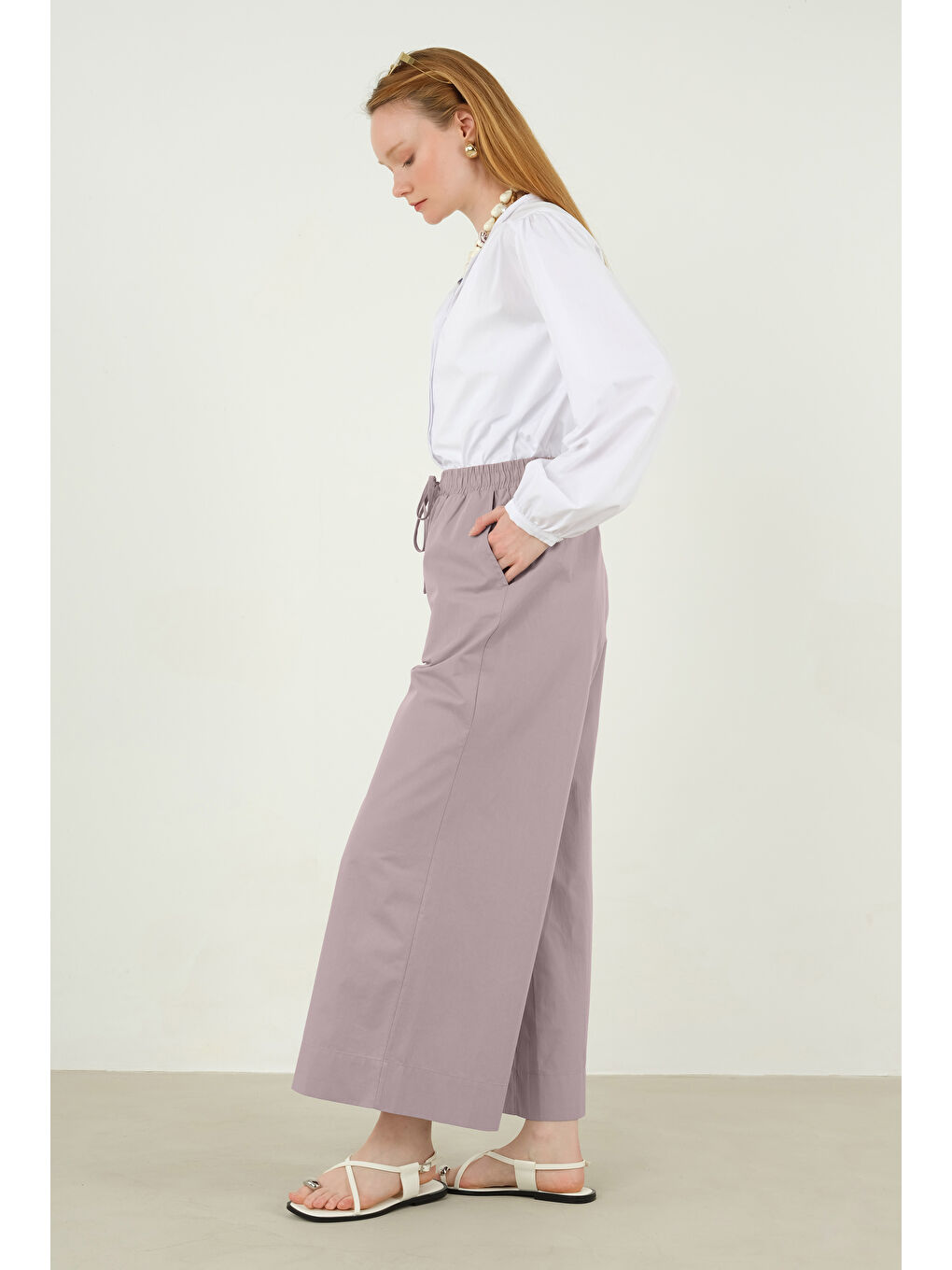 Lila Poplin Bol Paça Pantolon Açık Leylak-1