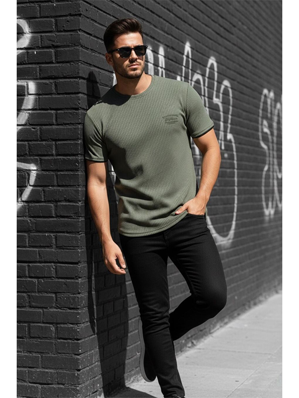 Haki Ftx California Flok Baskı Detaylı Premium Fitilli Kumaş Erkek T-Shirt-2