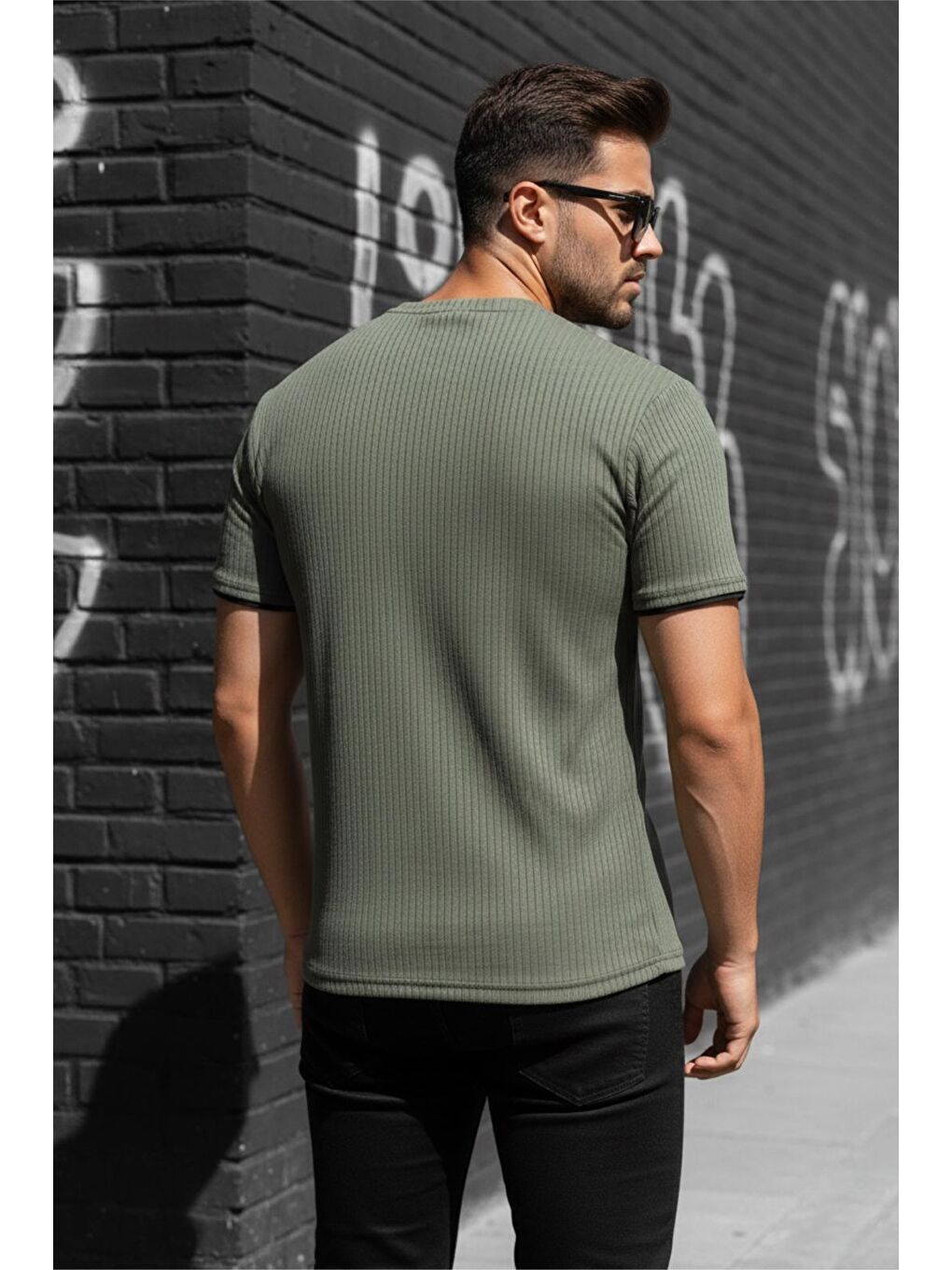 Haki Ftx California Flok Baskı Detaylı Premium Fitilli Kumaş Erkek T-Shirt-3