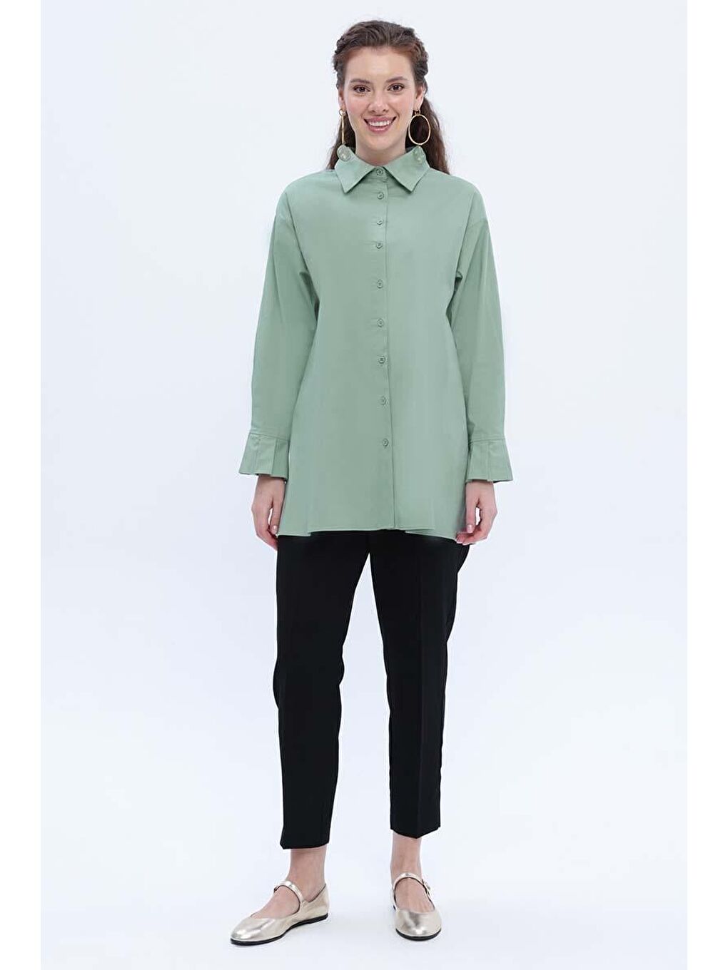 Yeşil Defne-Pamuklu Pile Detaylı Poplin Gömlek-1