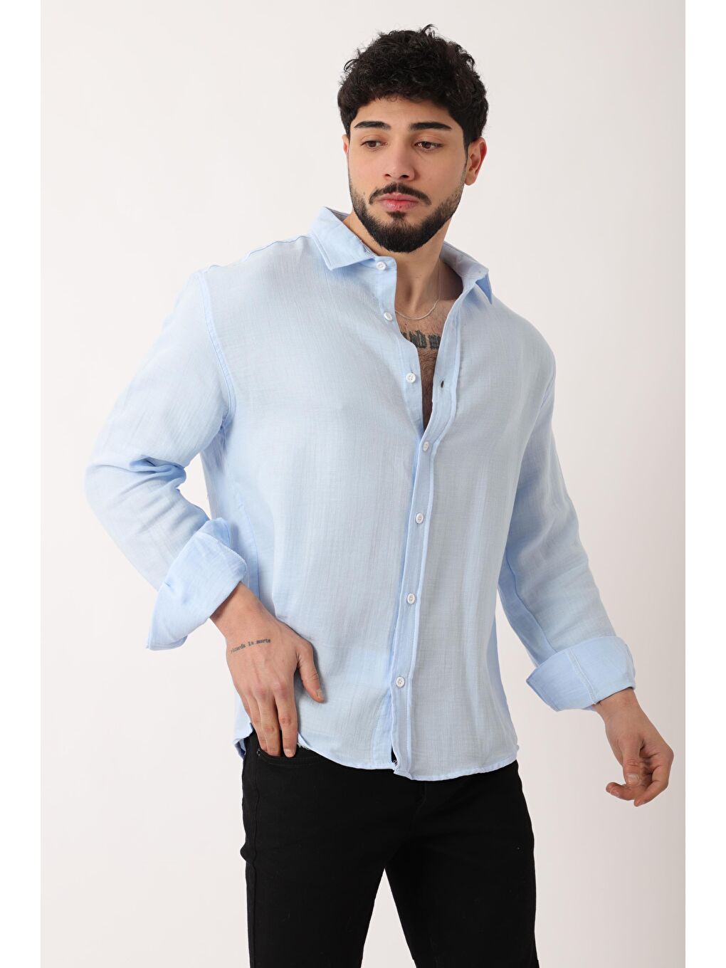 Mavi Uzun Kol Keten %100 Pamuk Gömlek BLD 7040_40368