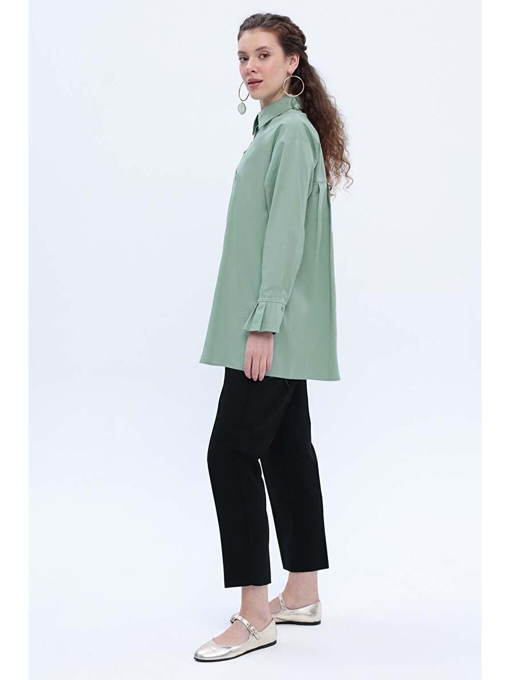 Yeşil Defne-Pamuklu Pile Detaylı Poplin Gömlek-2