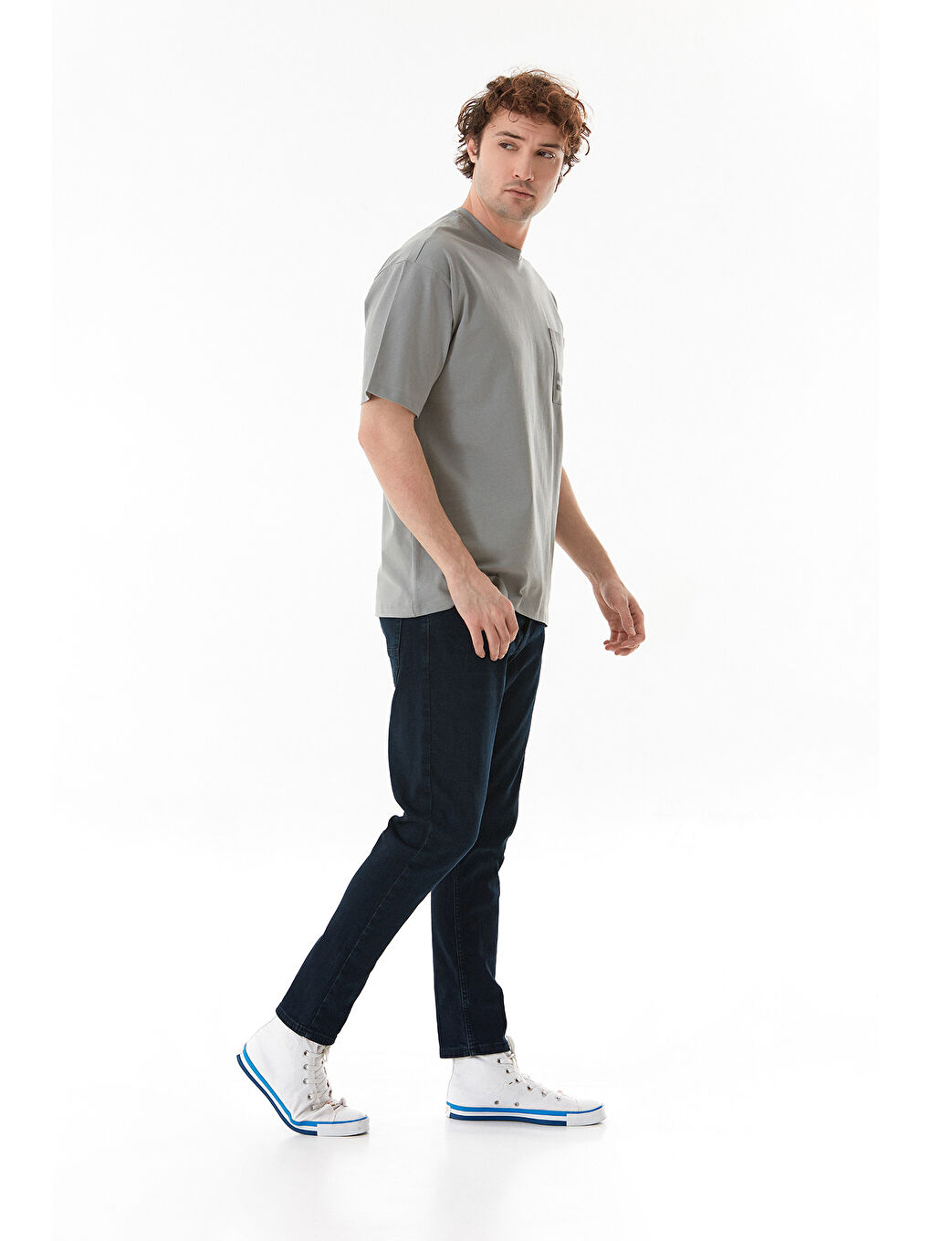 Gri Basic Tek Cepli Bisiklet Yaka Tişört-2