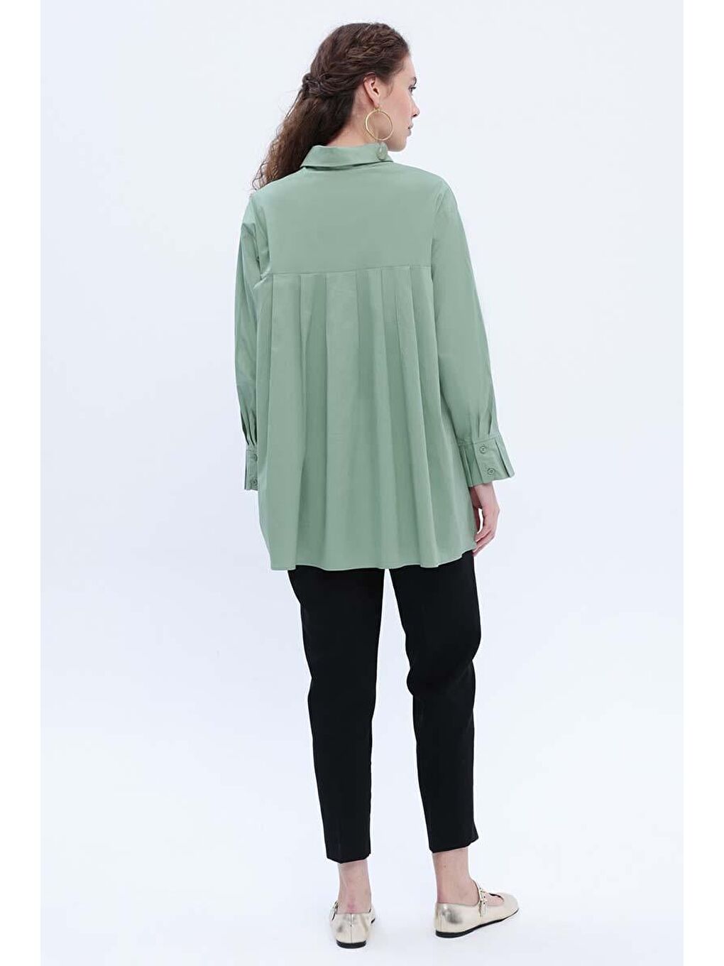 Yeşil Defne-Pamuklu Pile Detaylı Poplin Gömlek-3