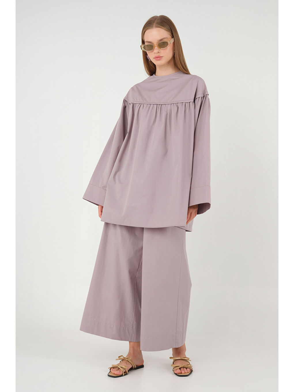 Lila Poplin Bol Paça Pantolon Açık Leylak-4