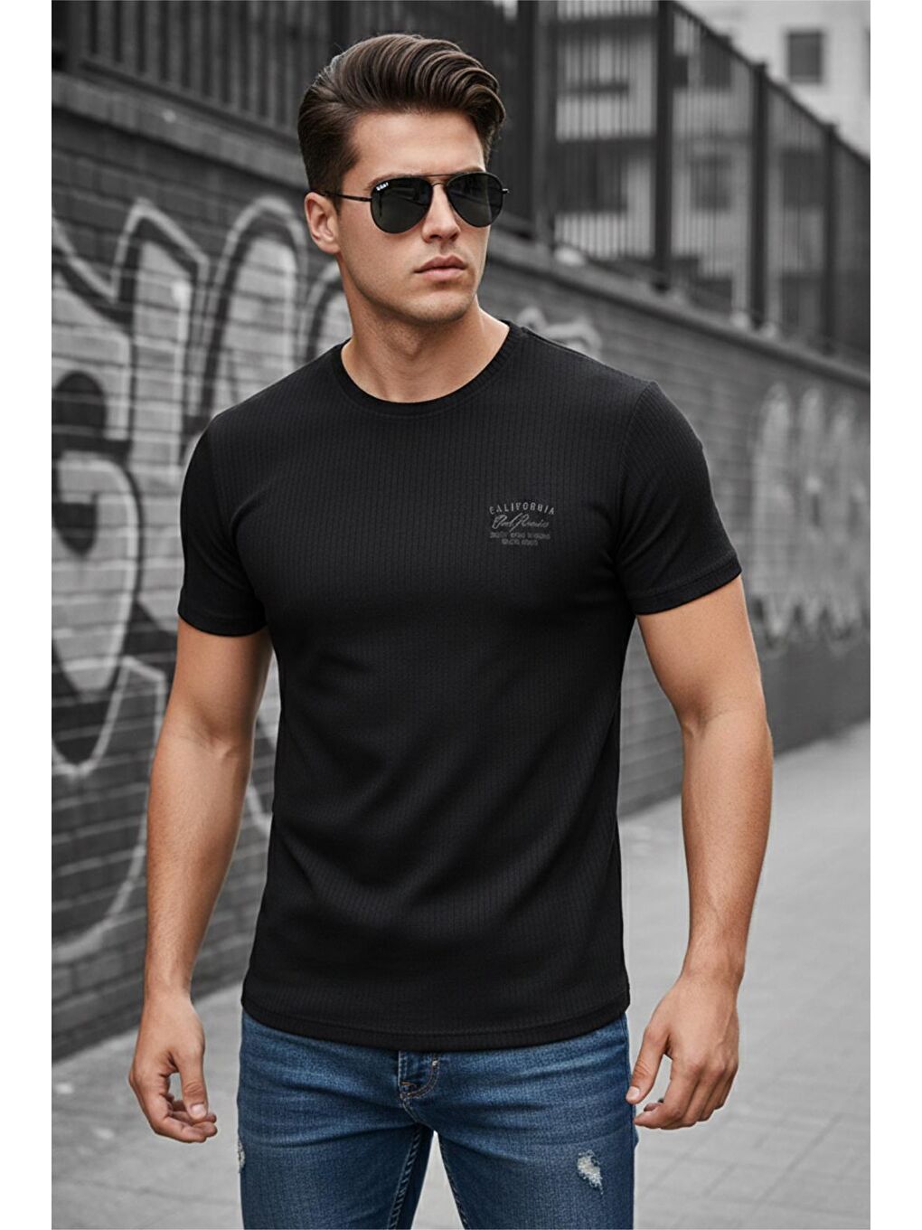 Siyah Ftx California Flok Baskı Detaylı Premium Fitilli Kumaş Erkek T-Shirt