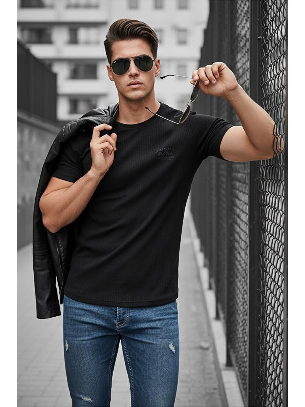 Siyah Ftx California Flok Baskı Detaylı Premium Fitilli Kumaş Erkek T-Shirt-1