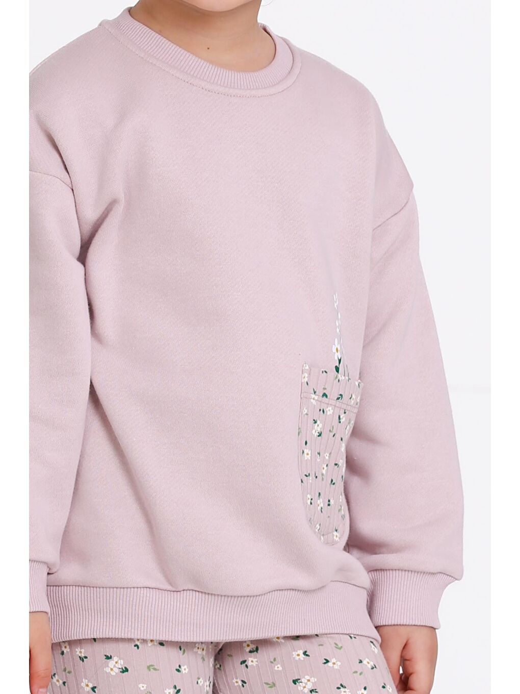 Pembe Kız Çocuk Gül Kurusu Çiçek Desenli 1-5 Yaş Takım - 23276-1-3