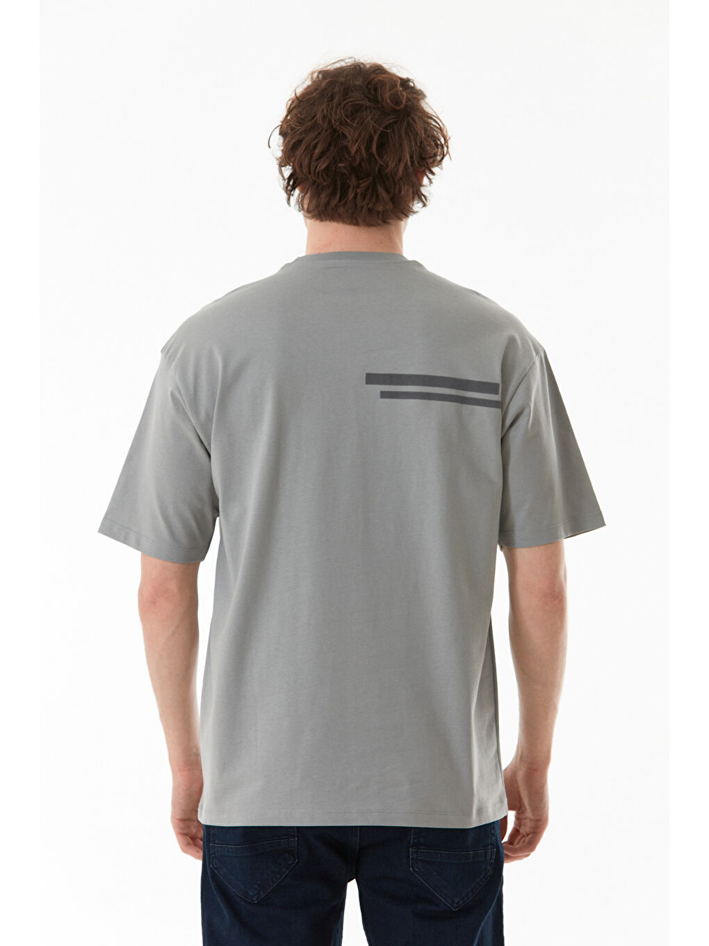 Gri Basic Tek Cepli Bisiklet Yaka Tişört-3