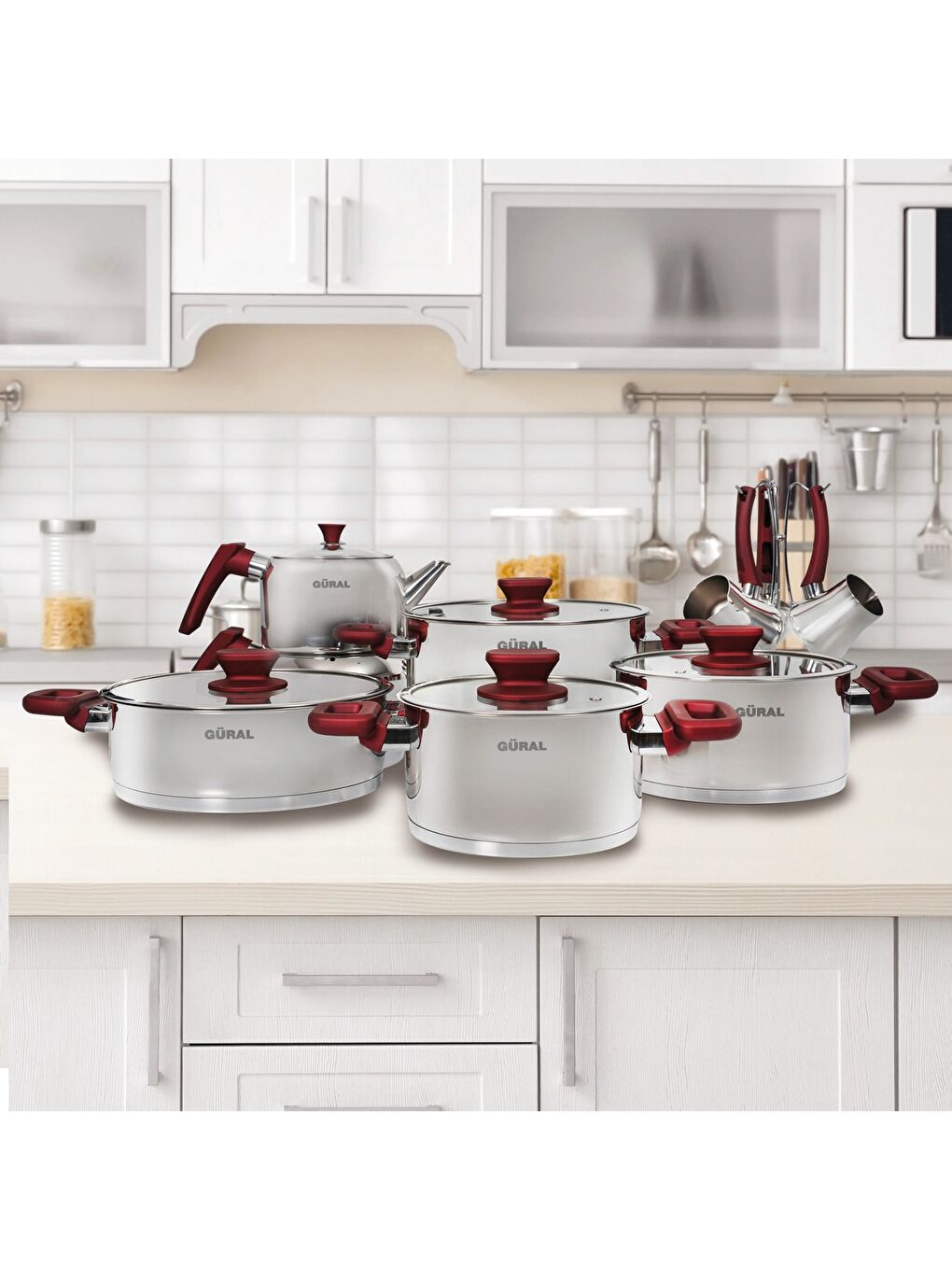 Ekru 16 Parça Çelik Tencere Takımı - Kırmızı