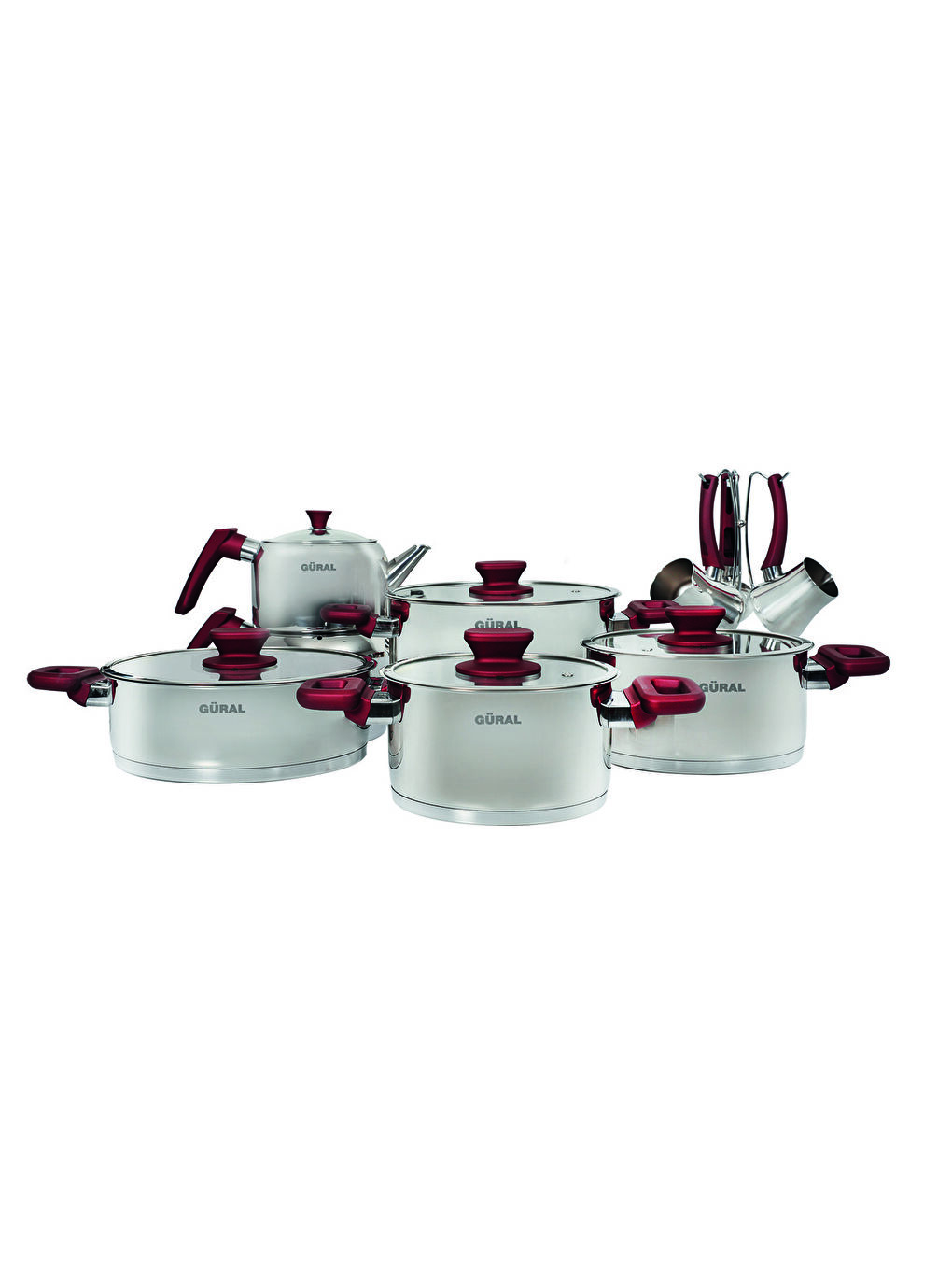 Ekru 16 Parça Çelik Tencere Takımı - Kırmızı-1