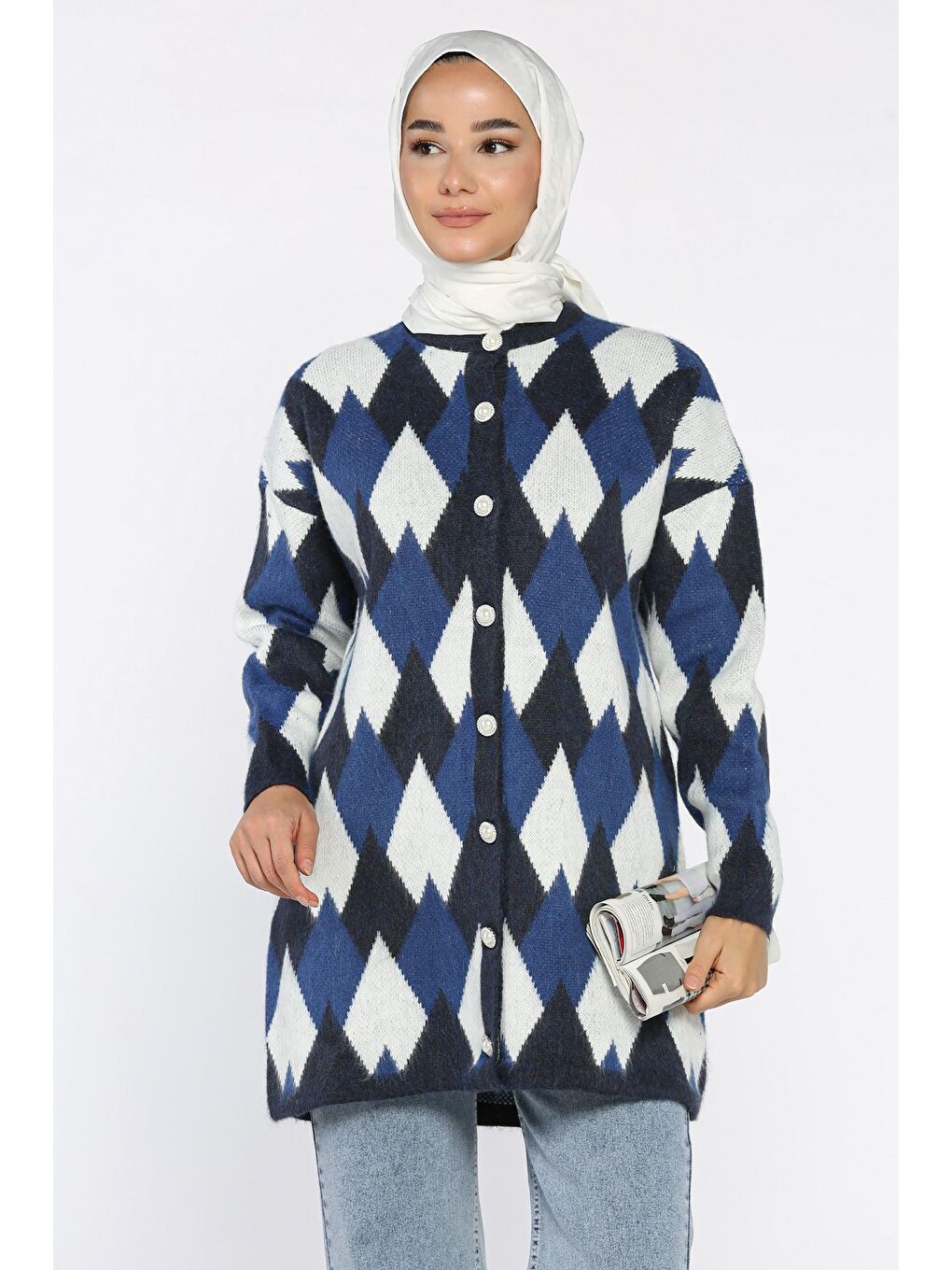 Lacivert İnci Düğmeli Geometrik Desenli Tesettür Triko Hırka (s-m-l-xl Beden Uyumludur.)-3