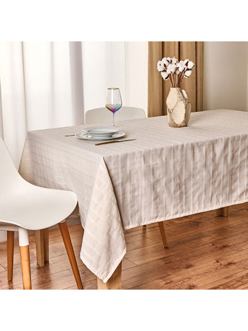 Soft Herringbone Masa Örtüsü - Ekru - 140x220 cm