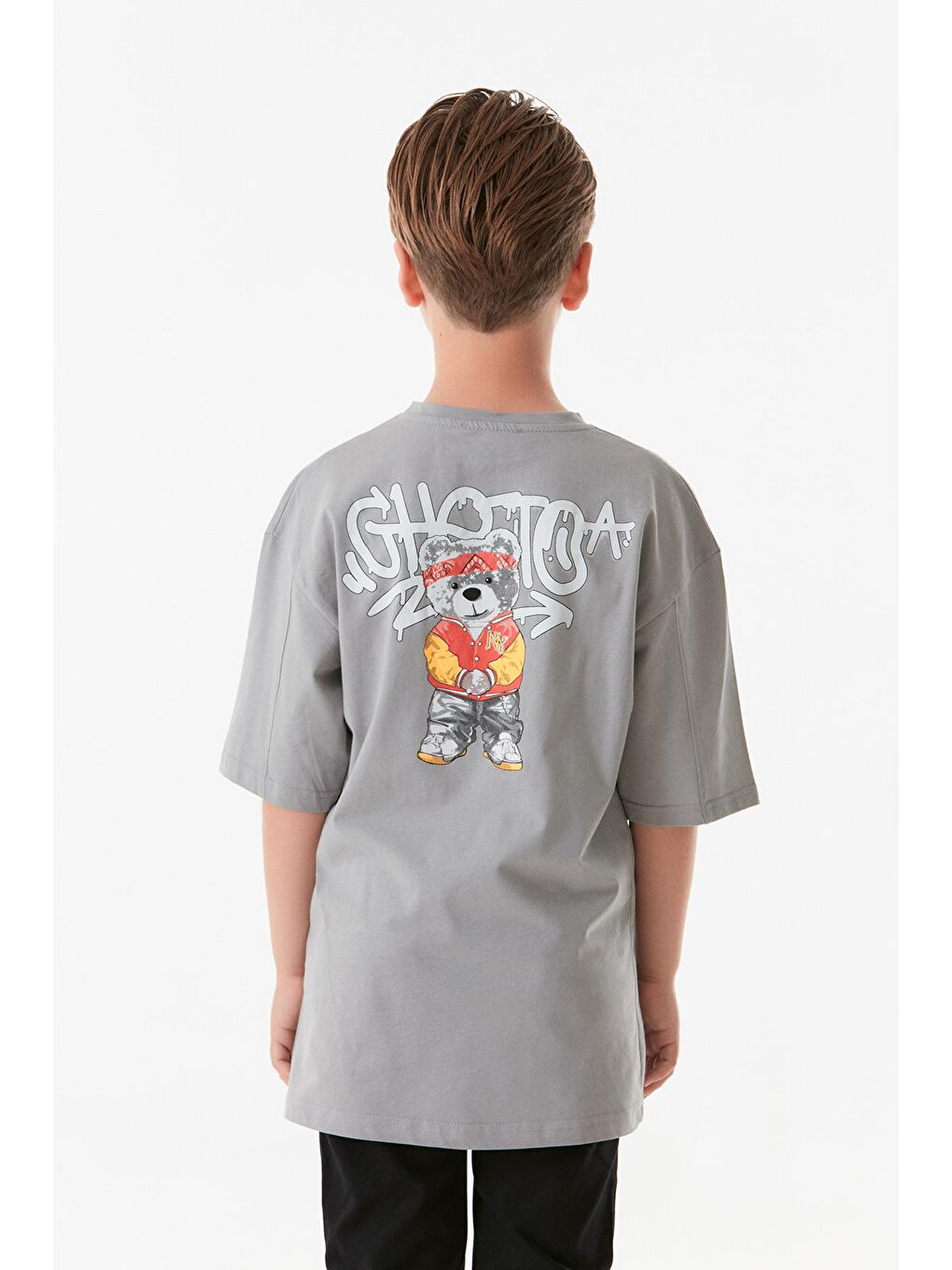 Gri Önü Ve Arkası Baskılı Bisiklet Yaka Erkek Çocuk Tişört-1