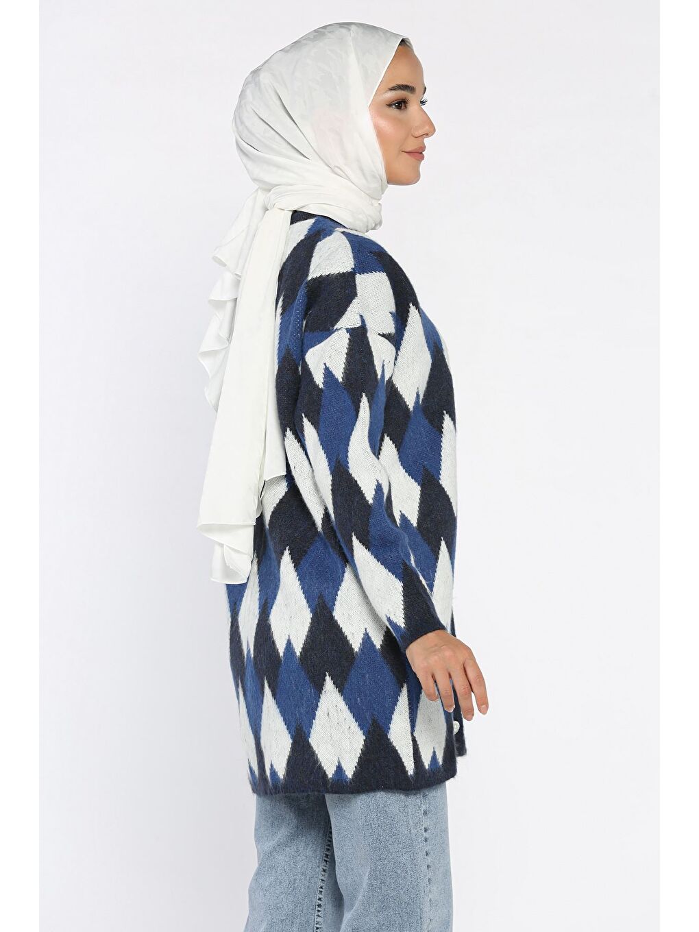 Lacivert İnci Düğmeli Geometrik Desenli Tesettür Triko Hırka (s-m-l-xl Beden Uyumludur.)-5