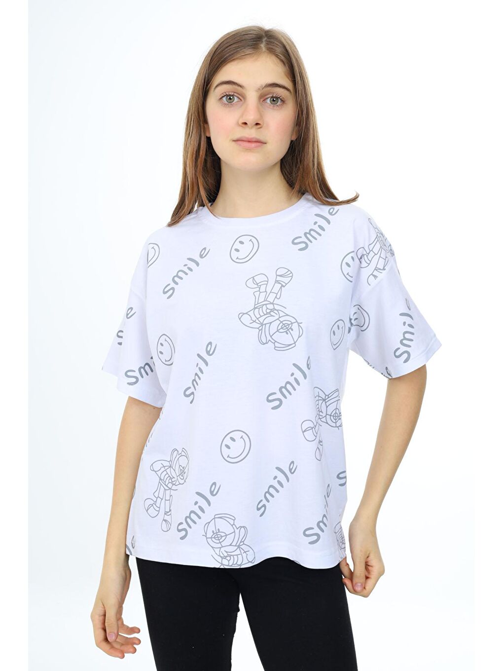 Beyaz Smile Baskılı Bisiklet Yaka Kız Çocuk T-shirt 17765