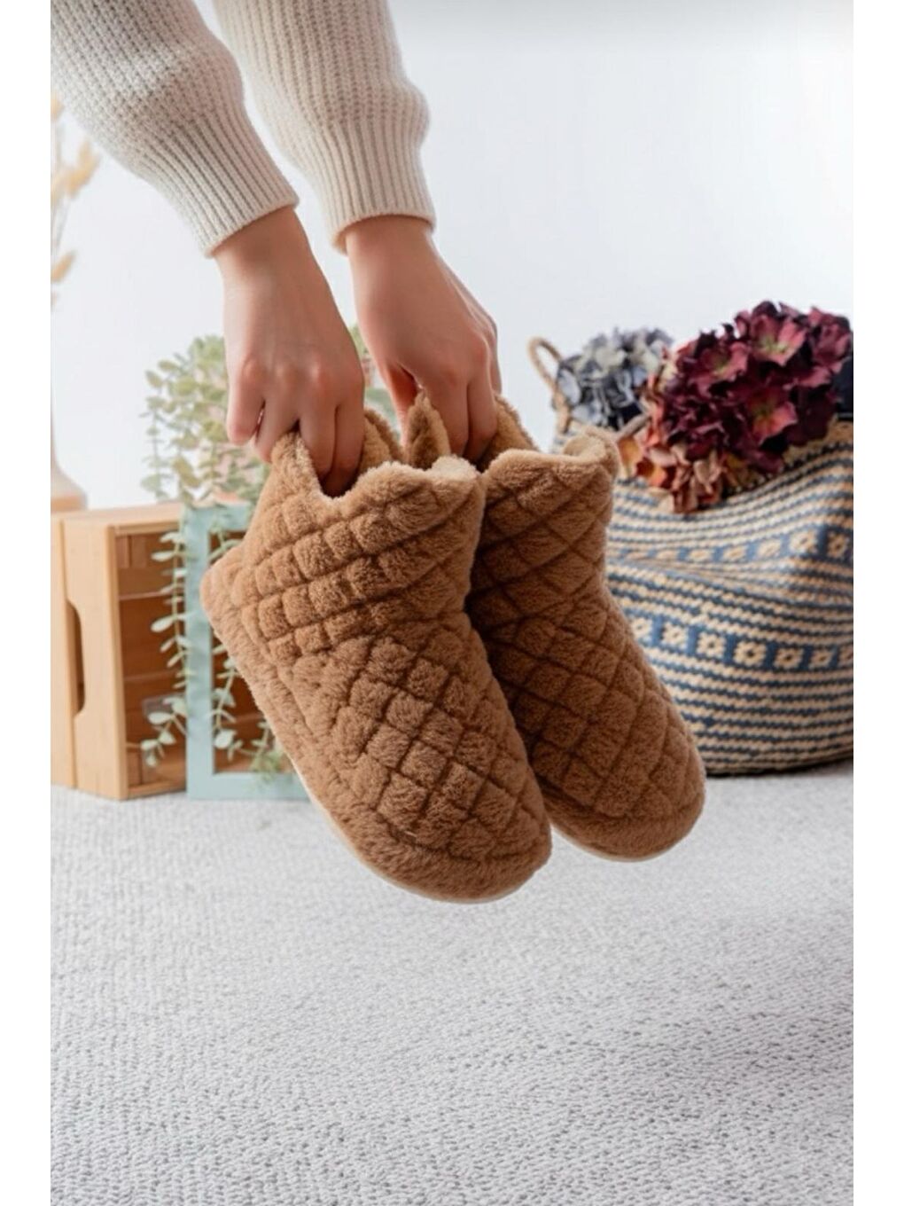 Kahverengi Ness Kadın Ev Botu Pelüş Ev Pandufu Ses Yapmaz Taban Sıcak Kürklü Panduf Ev Botu-1