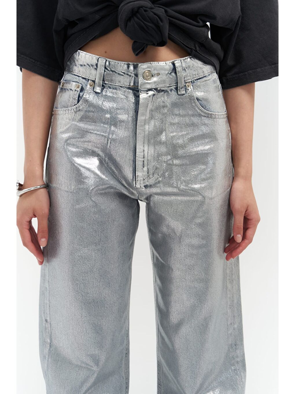 Gri Marla Basic Metalik Jean Pantolon-4