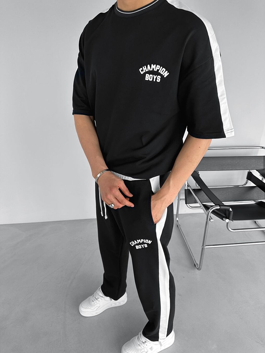 ablukaonline Erkek Oversize 'Champion Boys' Baskılı T-Shirt Siyah