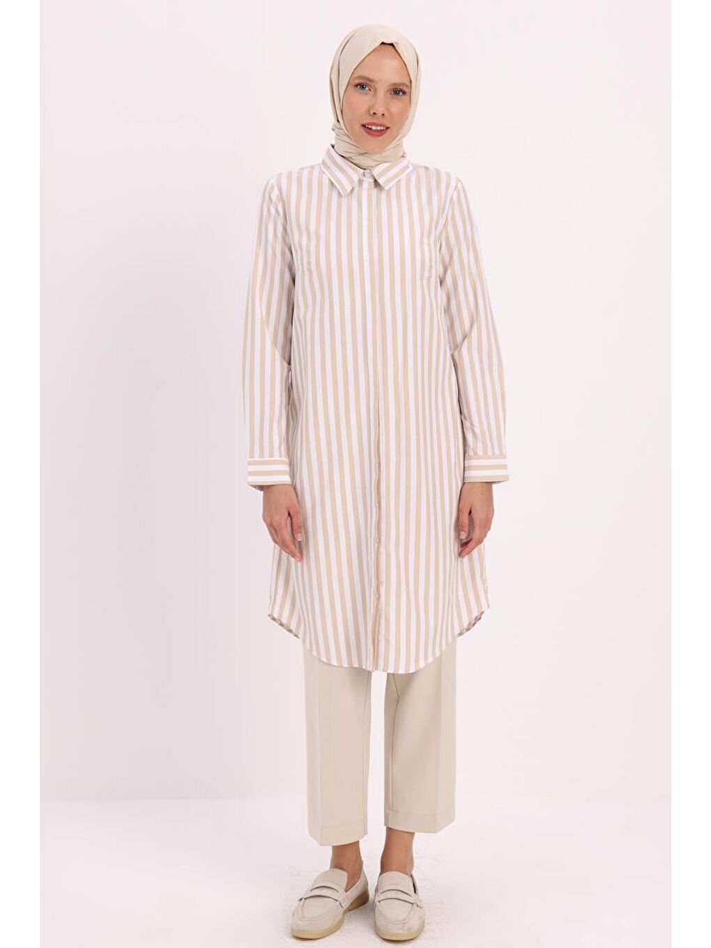 Bej-Beyaz-Gizli Patlı Gömlek Tunik-1