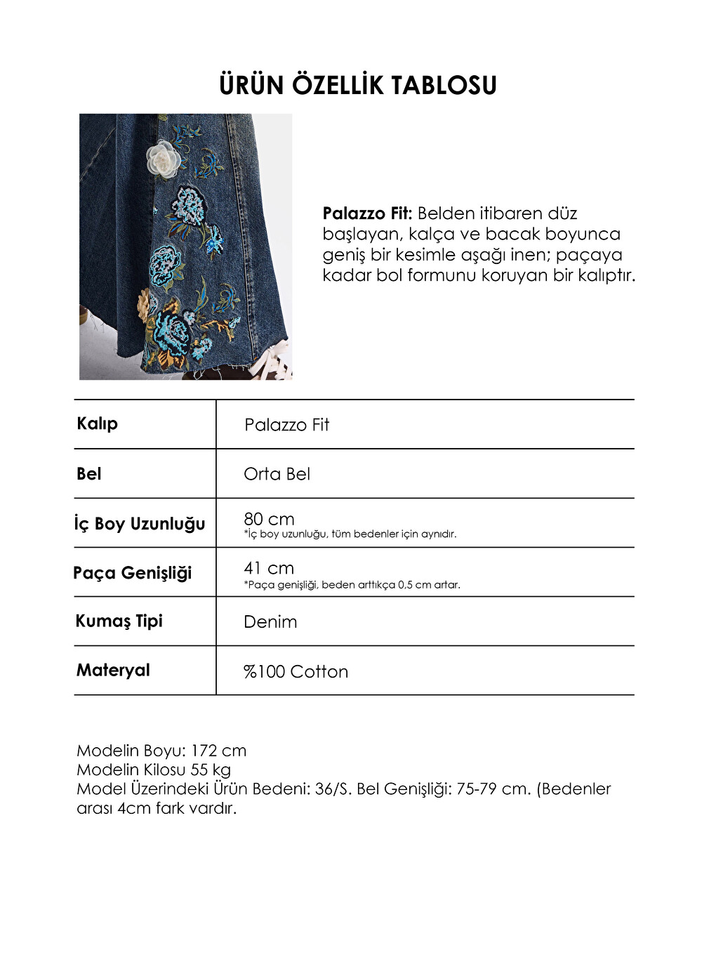 Mavi Kadın Koyu Jean 4w6-8 Palazzo Fit Nakış Ve 3d Gül Detaylı Özel Tasarım Denim Jean-5