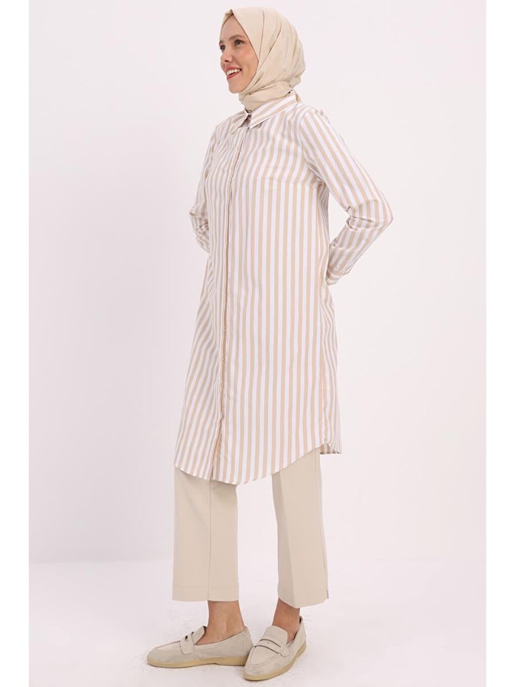 Bej-Beyaz-Gizli Patlı Gömlek Tunik-2
