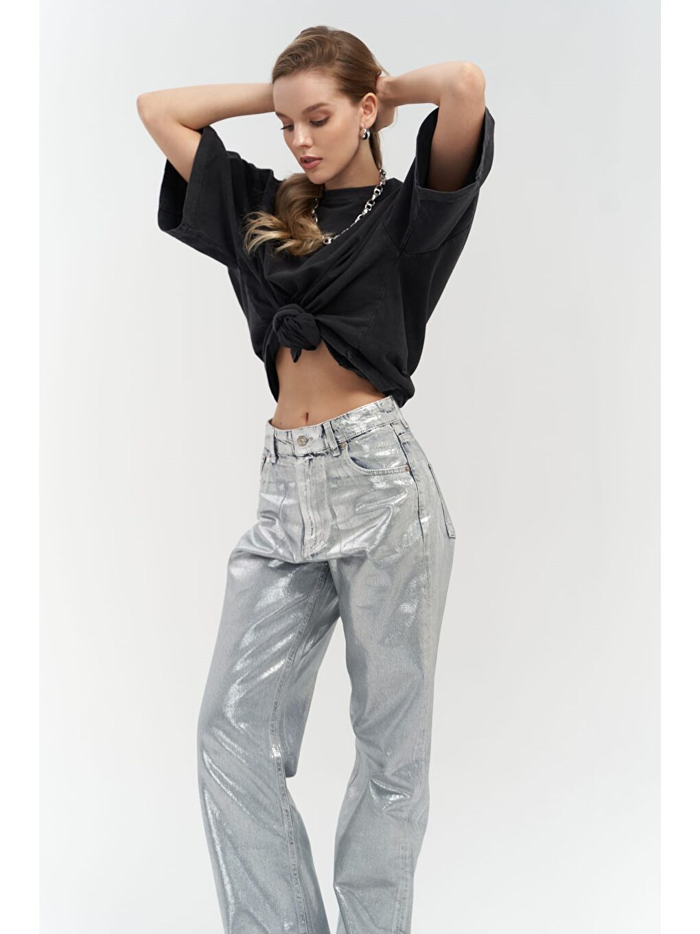 Gri Marla Basic Metalik Jean Pantolon-6