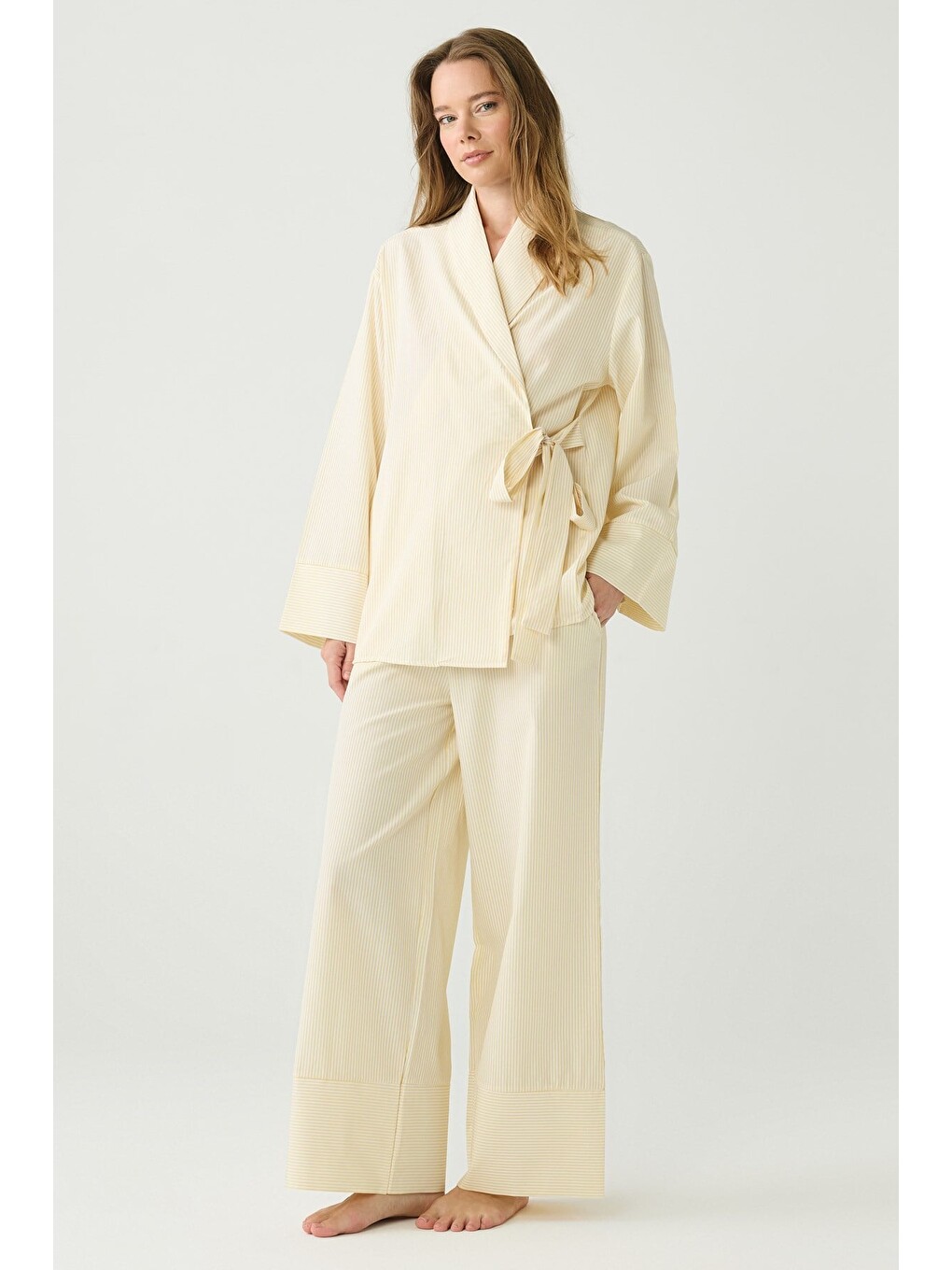 Dayjamas Çizgili Kimono Pantolon Takım Açık Sarı