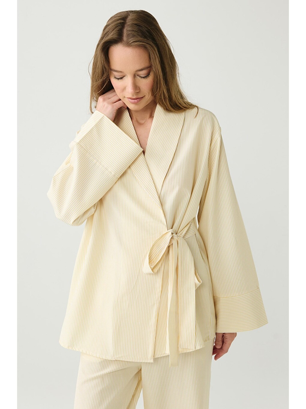 Dayjamas Çizgili Kimono Pantolon Takım Açık Sarı-1