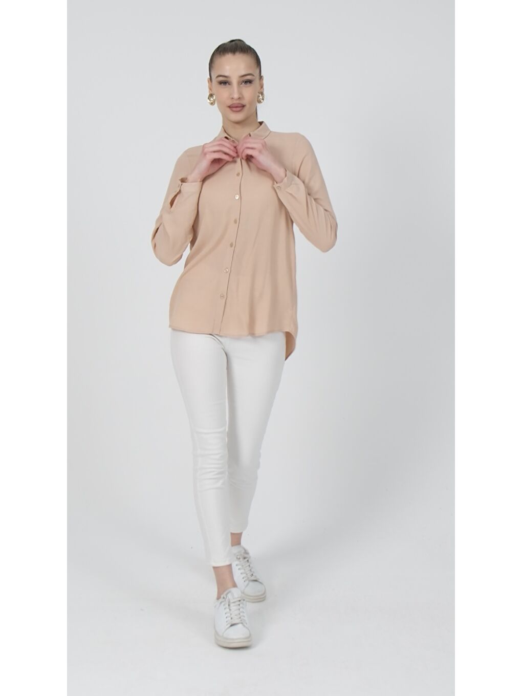 Bej Arkası Uzun Tiril Tiril Viskon Kadın Gömleği-1