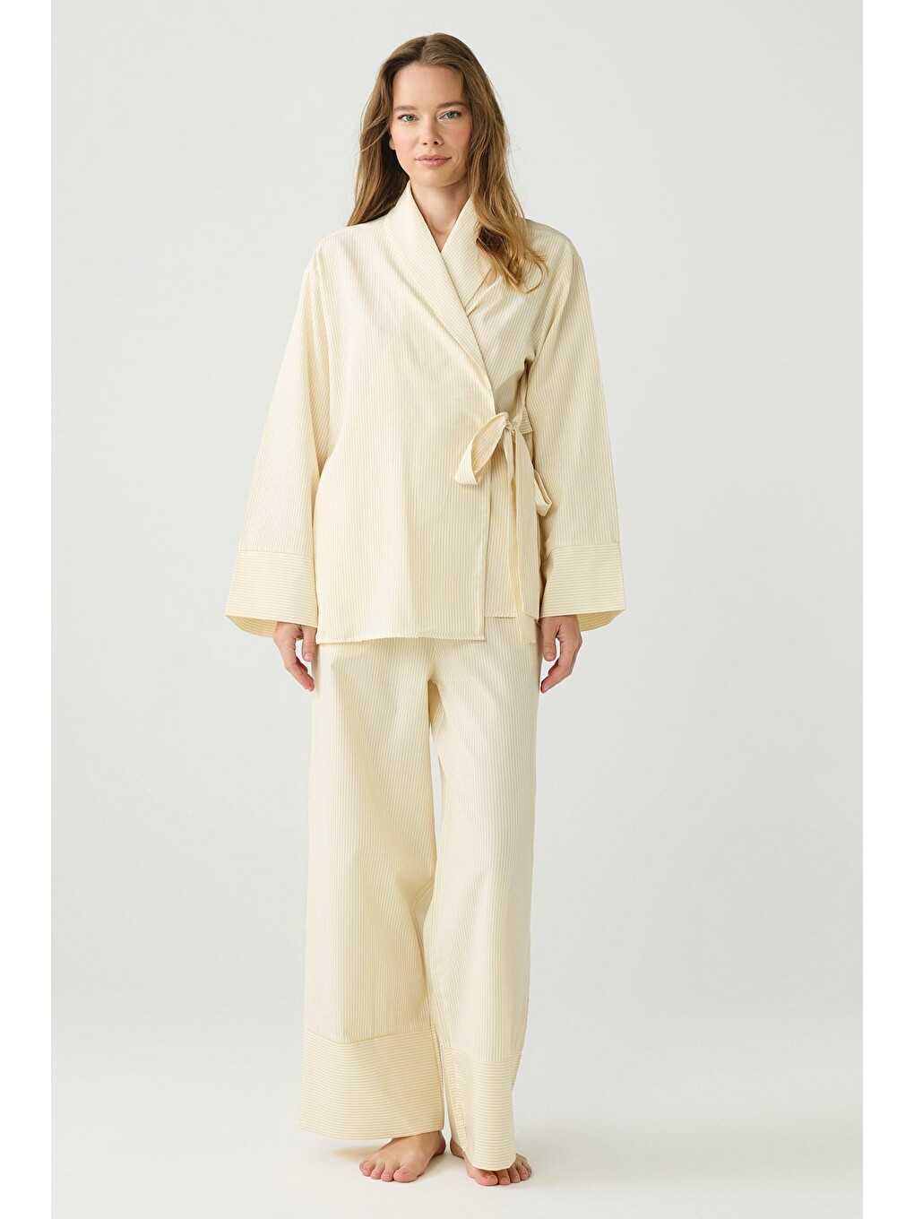 Dayjamas Çizgili Kimono Pantolon Takım Açık Sarı-2