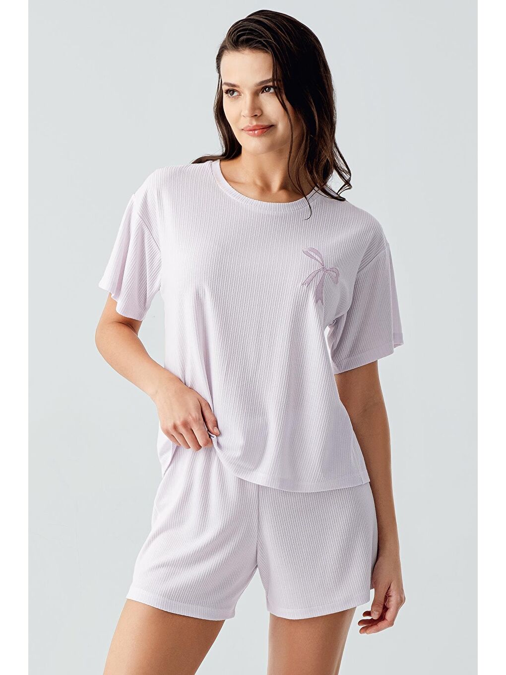 Lila Kısa Kollu Esnek Viskoz Şort Pijama Takım 17211-1