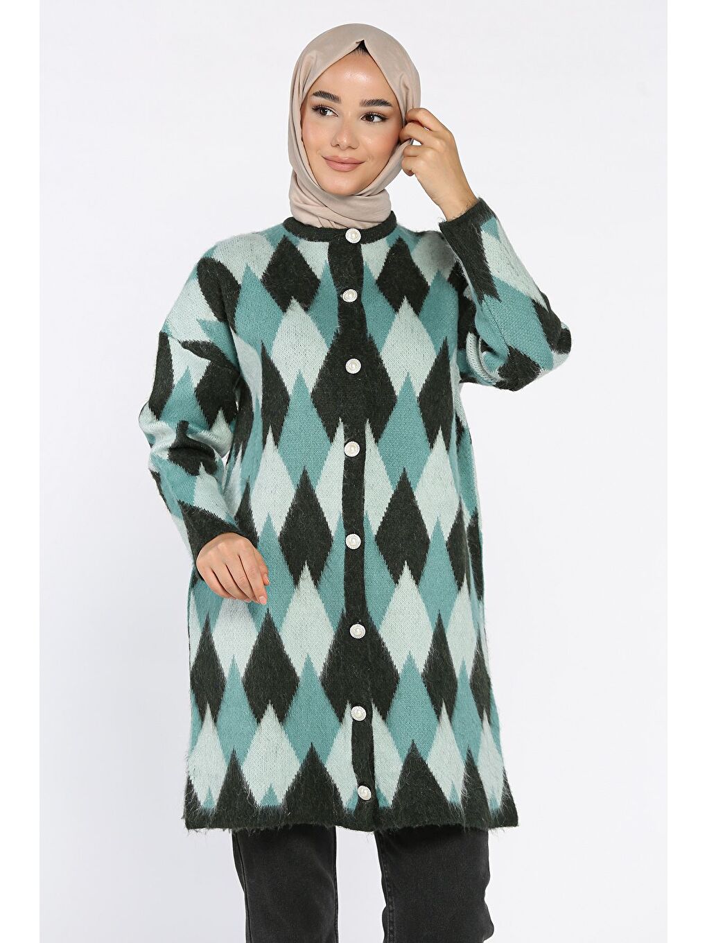 Yeşil İnci Düğmeli Geometrik Desenli Tesettür Triko Hırka (s-m-l-xl Beden Uyumludur.)-2