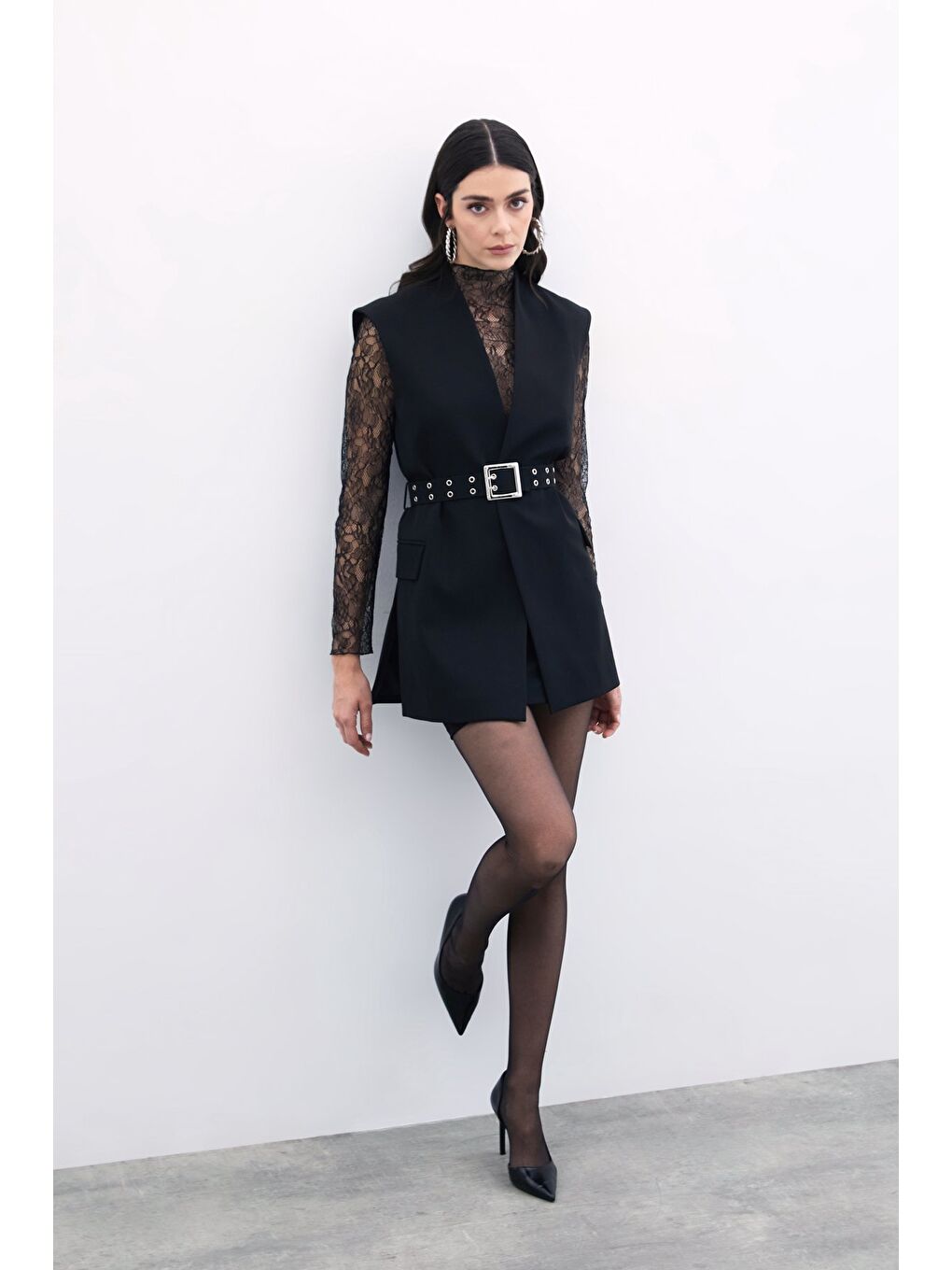 Kemerli Uzun Yelek - Siyah