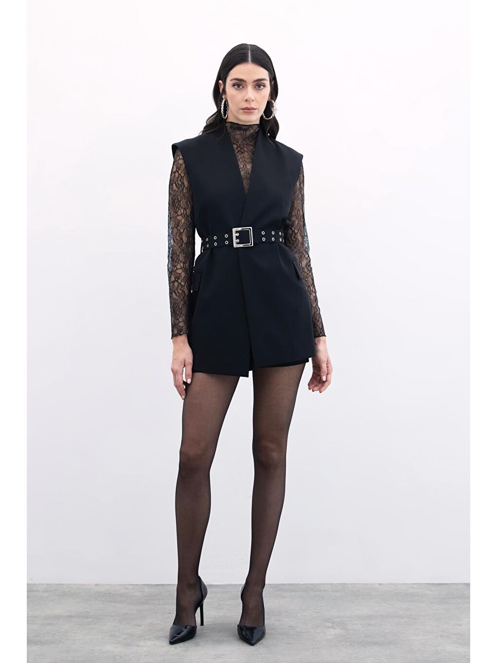 Kemerli Uzun Yelek - Siyah-1