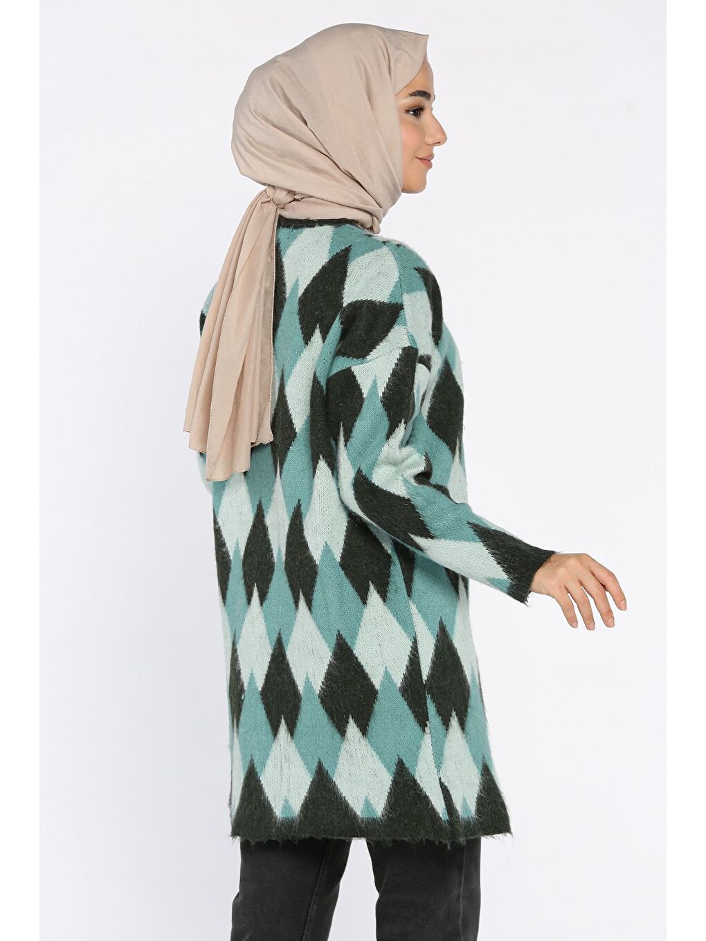 Yeşil İnci Düğmeli Geometrik Desenli Tesettür Triko Hırka (s-m-l-xl Beden Uyumludur.)-5