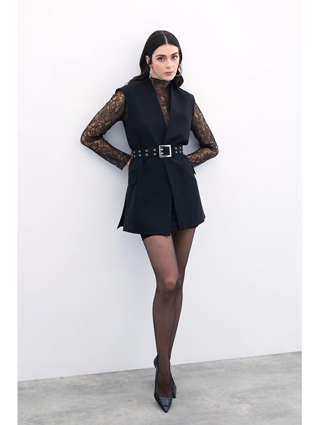 Kemerli Uzun Yelek - Siyah-2