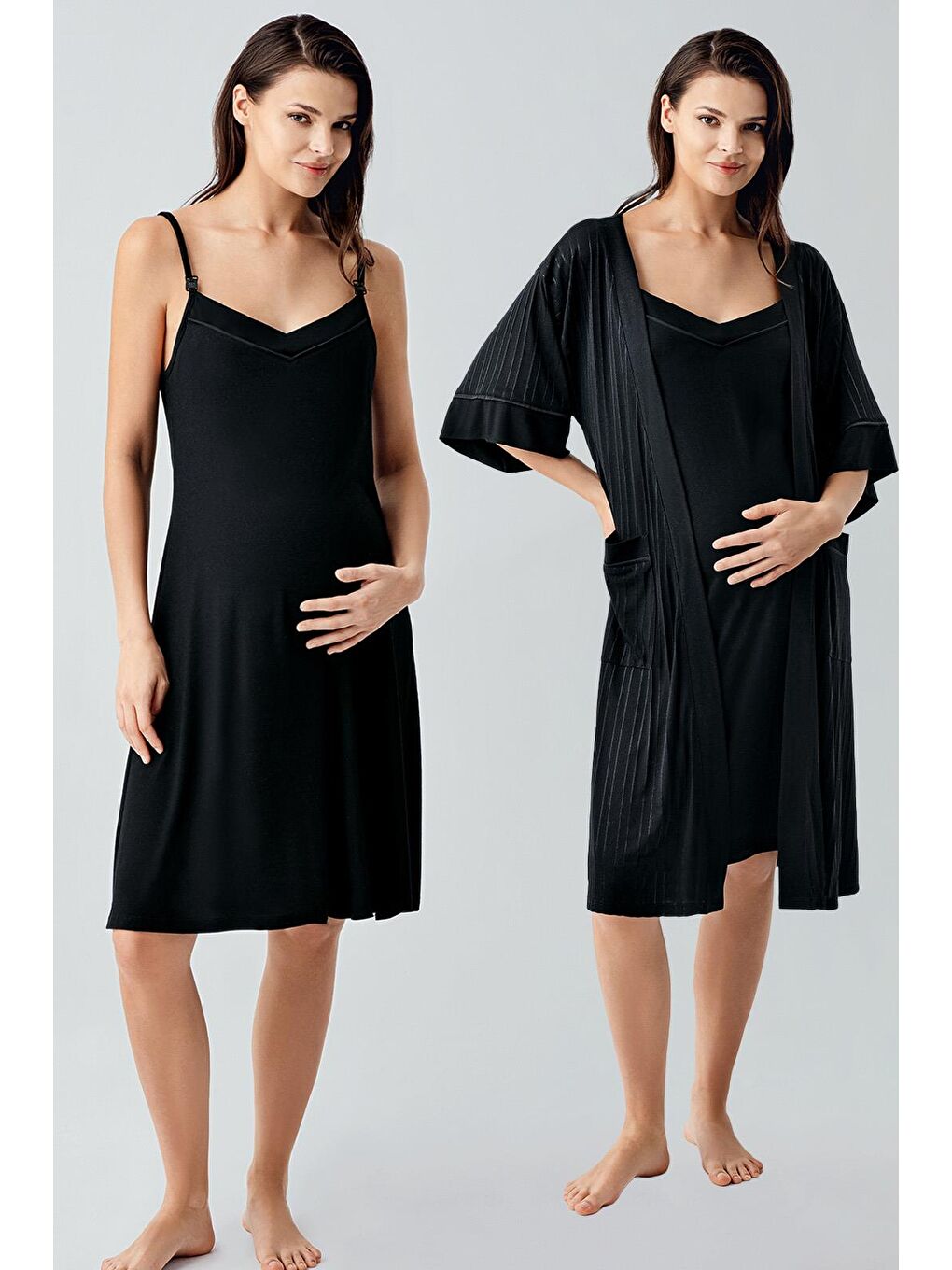 Siyah Askılı Esnek Viskoz Hamile Sabahlık Gecelik Takım 17401-1