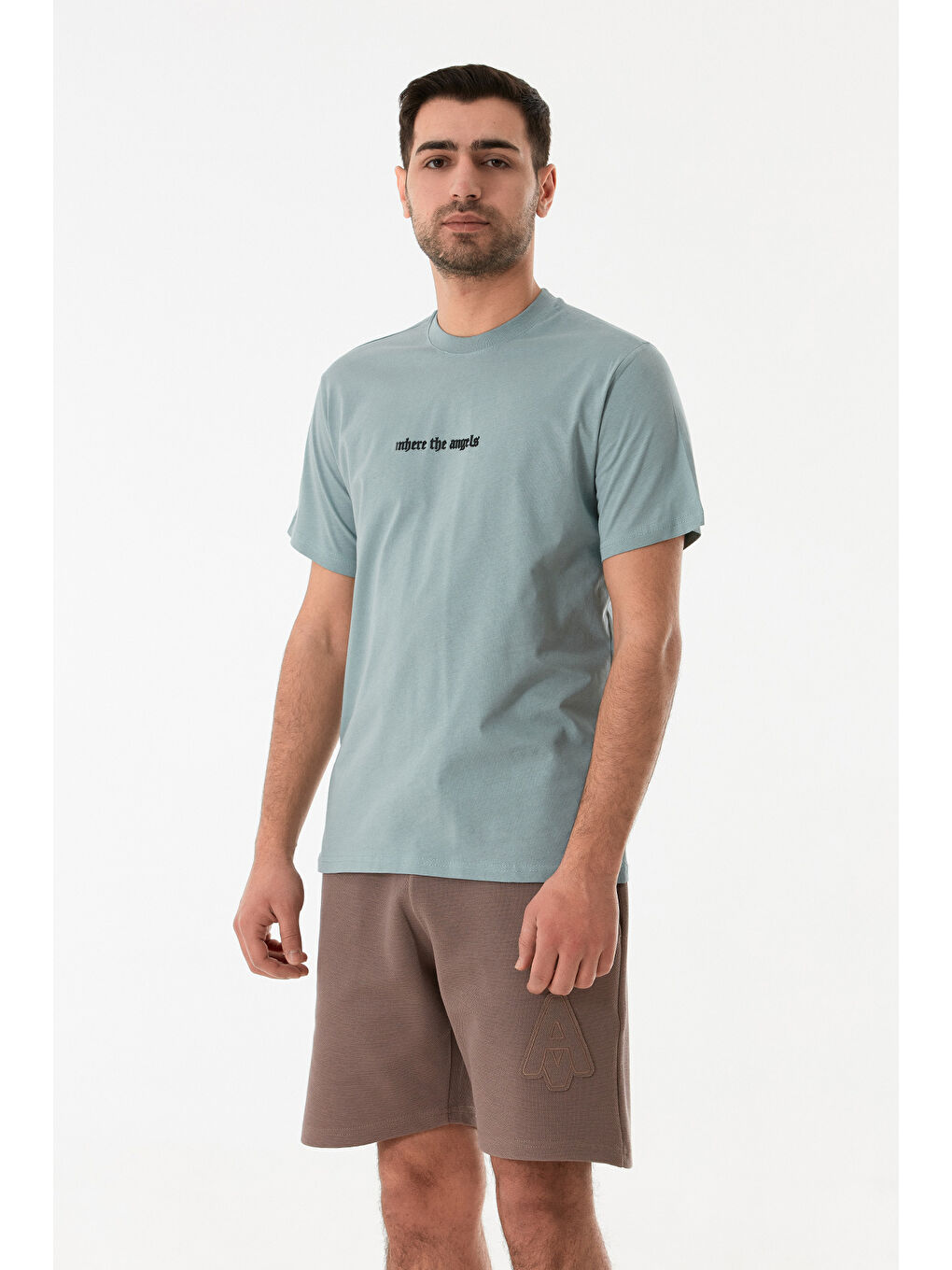 Mavi Kabartma Baskılı Bisiklet Yaka Tişört-1