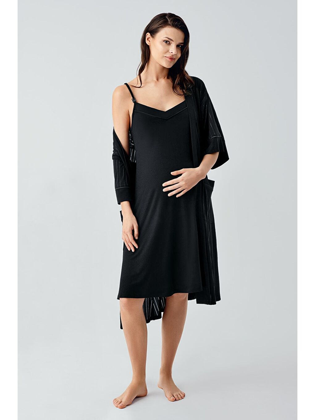 Siyah Askılı Esnek Viskoz Hamile Sabahlık Gecelik Takım 17401-2