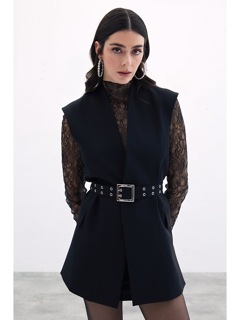 Kemerli Uzun Yelek - Siyah-5