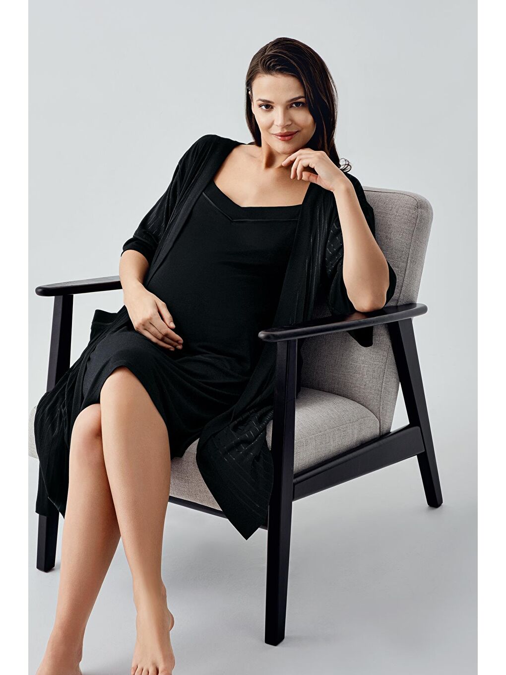 Siyah Askılı Esnek Viskoz Hamile Sabahlık Gecelik Takım 17401-3