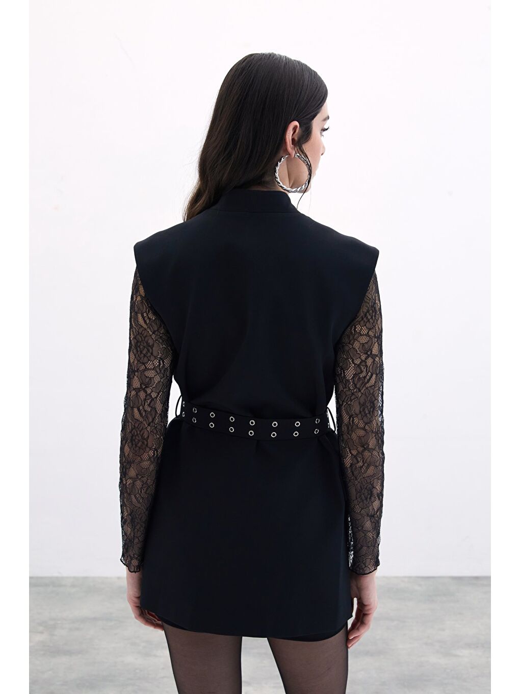 Kemerli Uzun Yelek - Siyah-7