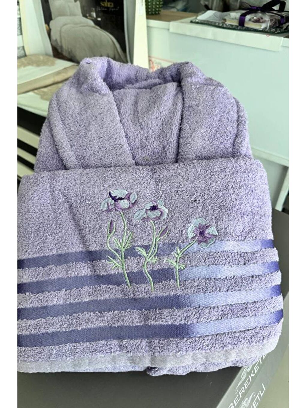 Karışık Çiçek Bayan Bornoz Seti Mor-1