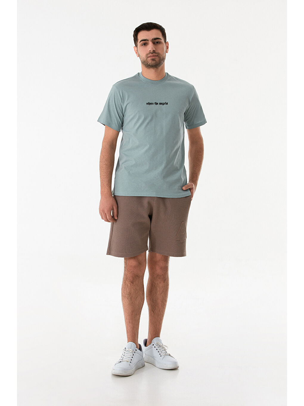 Mavi Kabartma Baskılı Bisiklet Yaka Tişört-2