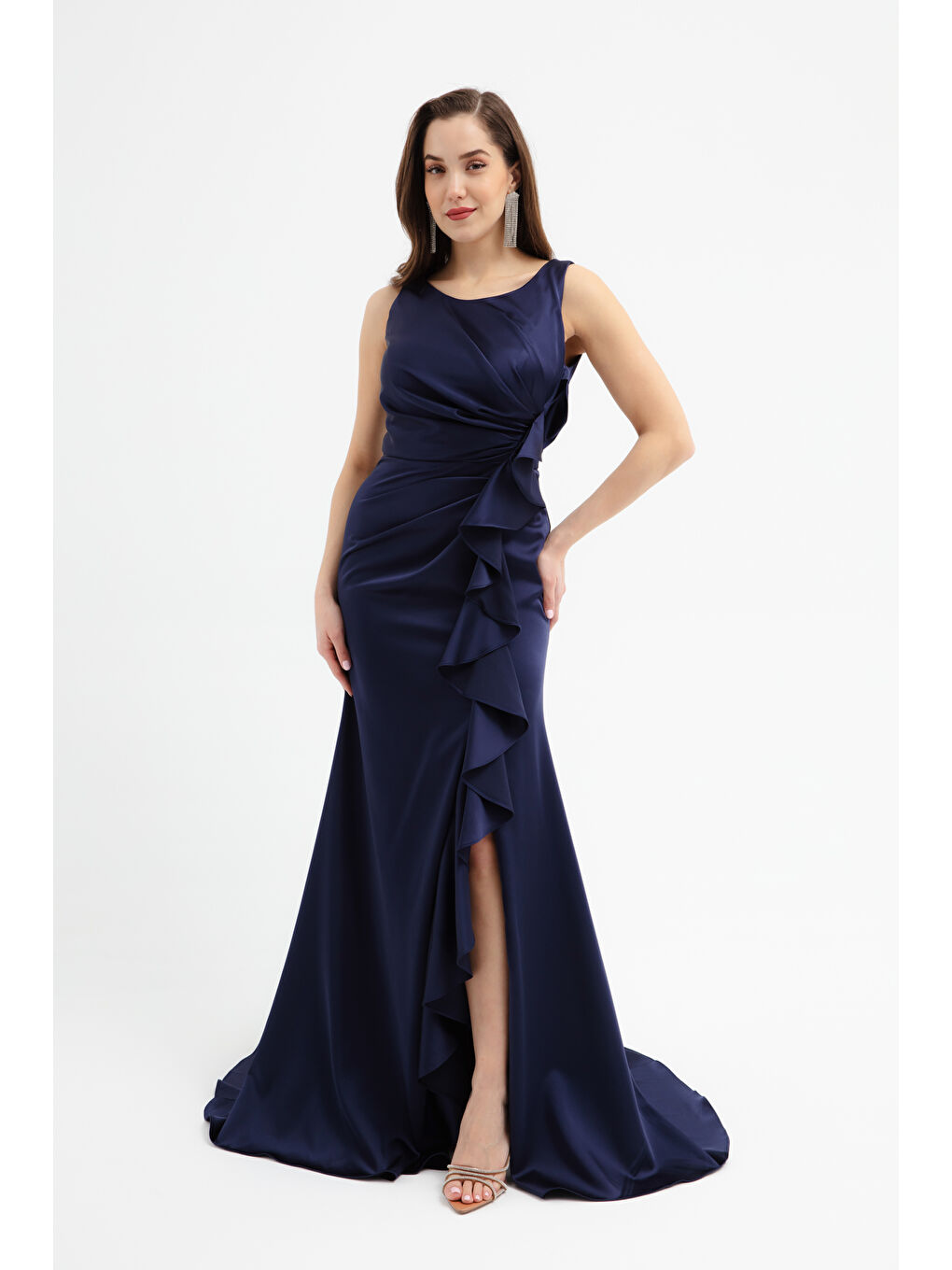 Kadın Lacivert Fırfırlı Yırtmaçlı Uzun Saten Abiye Elbise-2